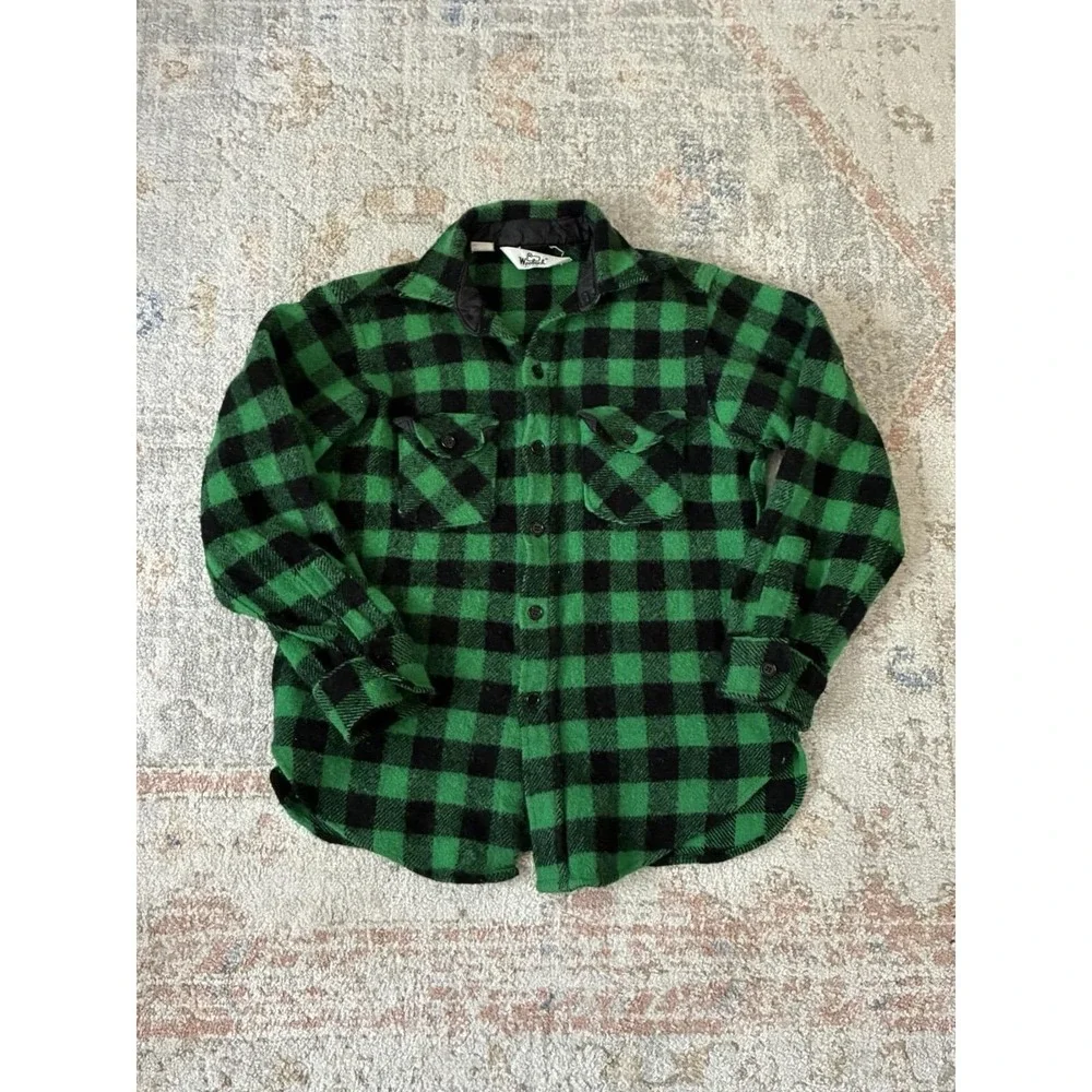 Woolrich Vintage Green Black Buffalo Check Wool Shacket S/M - Picture 1 of 7